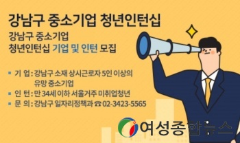 강남구 ‘2019년 강남구 중소기업 청년인턴십 사업' 청년인턴 200명  월 80~100만원 지원....