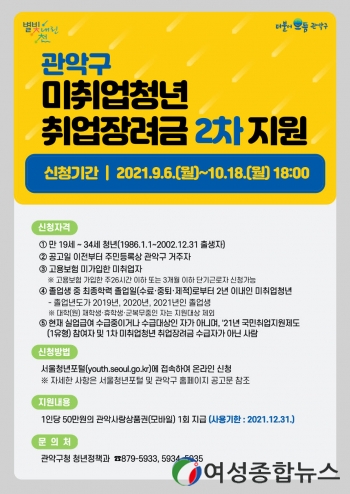 관악구, 2차 미취업청년 취업장려금 지원