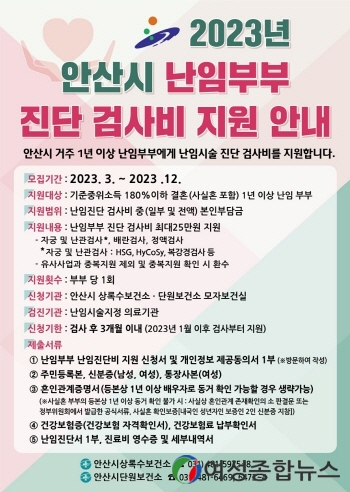 안산시, 난임진단 검사비 최대 25만원 지원… 출산 친화 환경 조성