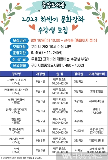  구미시립중앙도서관,하반기 21개 문화강좌 수강생' 모집