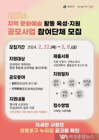 영등포구, ‘지역 문화 예술 활동 지원 사업’ 참여 단체 모집   